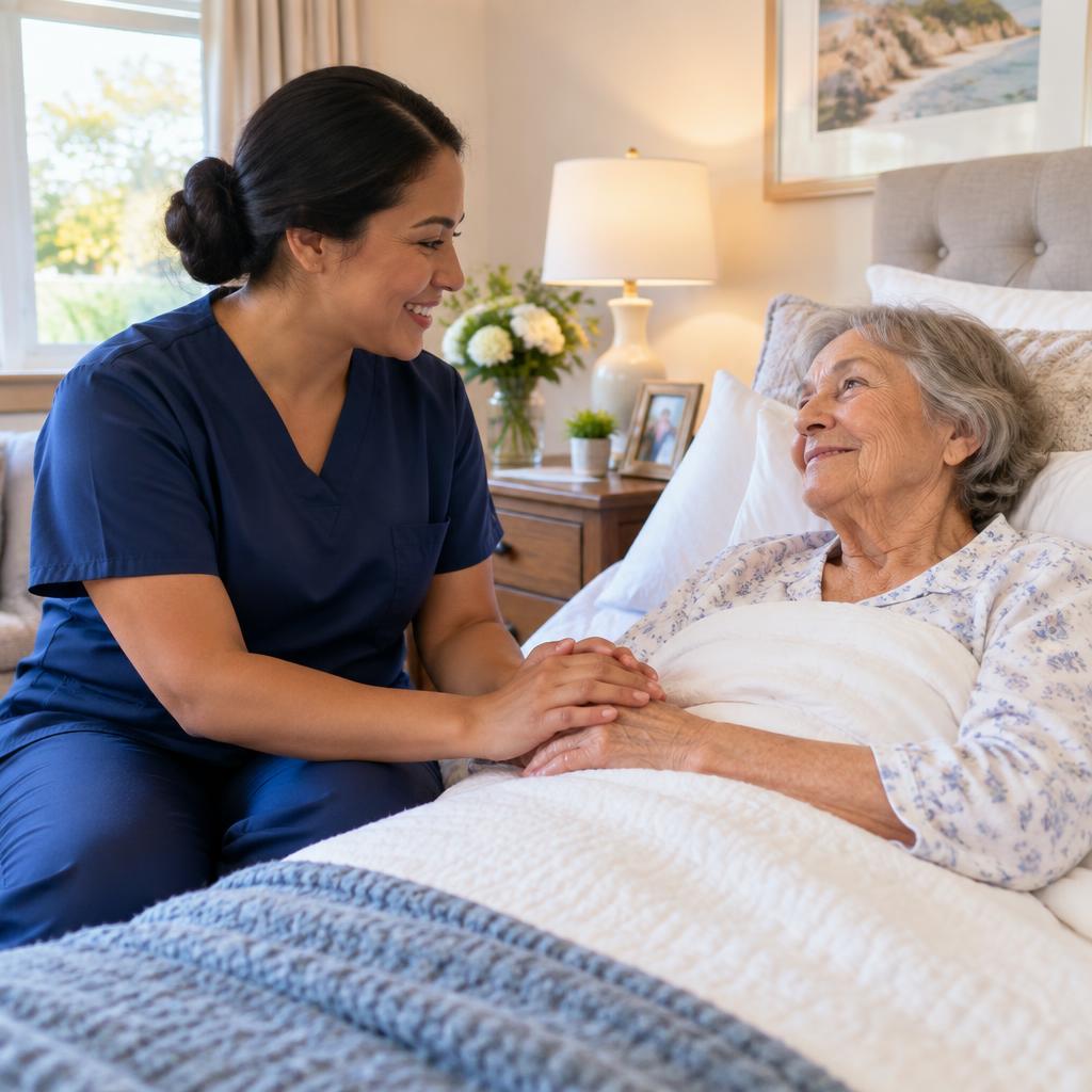 A care aide in navy scrubs holding hands and talking with a senior resting in bed