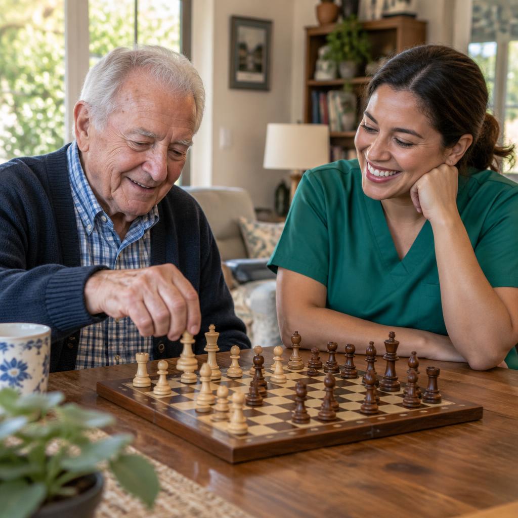 A care aide in green scrubs enjoying a game of chess with a senior at home
