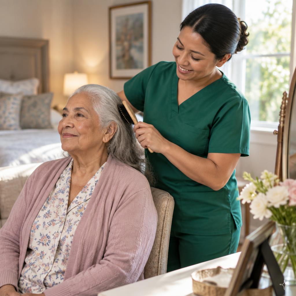 A care aide in green scrubs gently brushing a senior woman's hair at home
