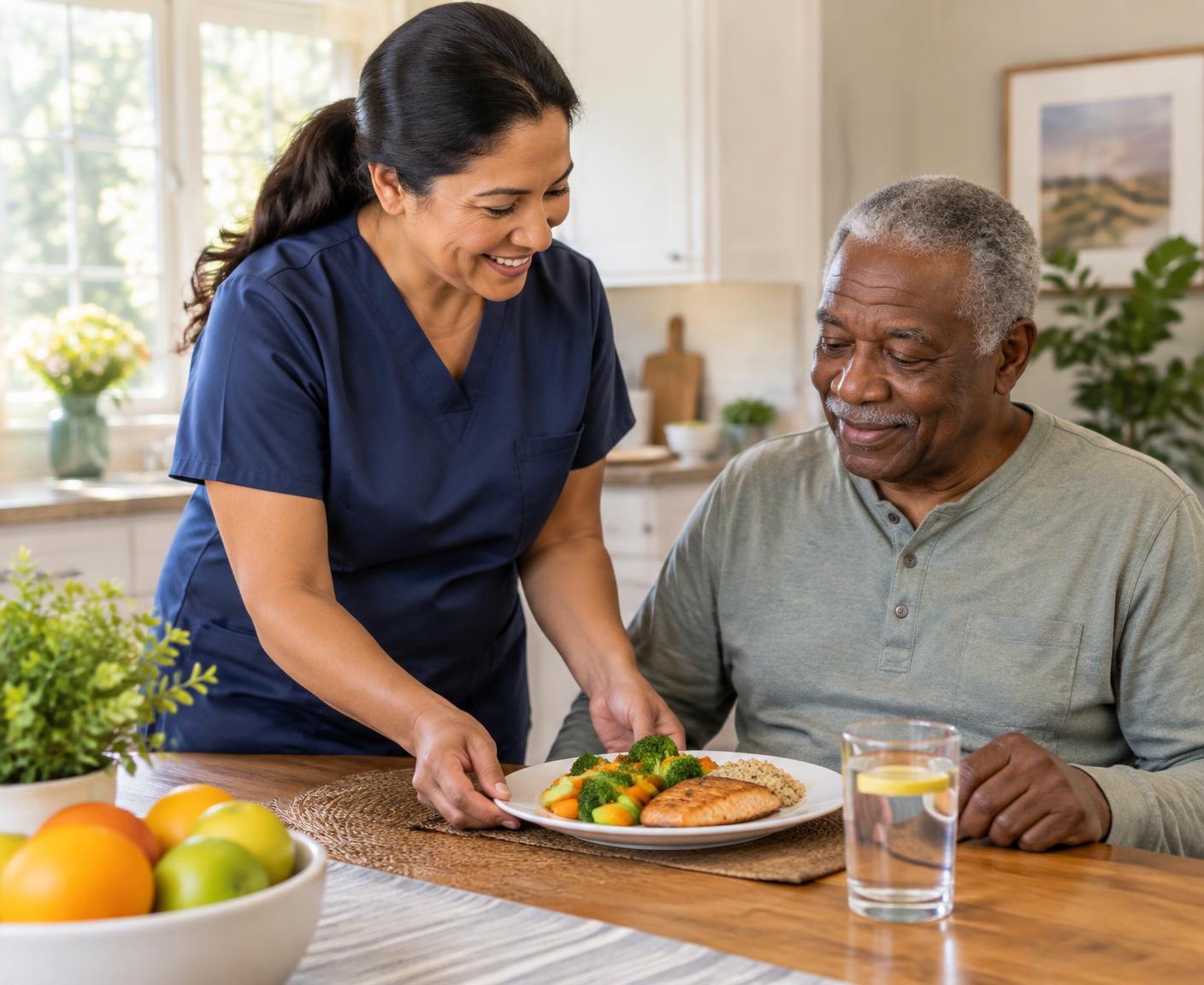 A care aide in navy scrubs serving a healthy meal to a senior at his kitchen table