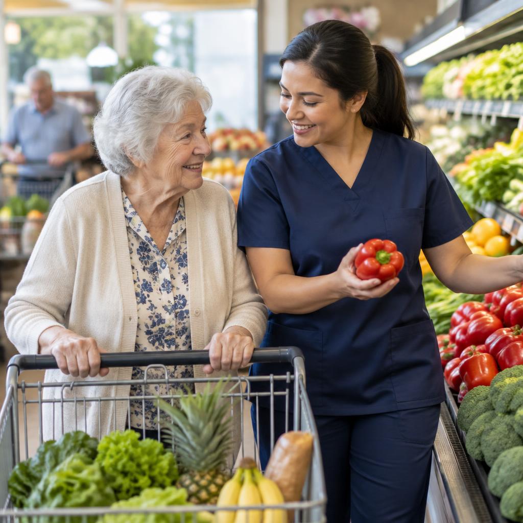A care aide in navy scrubs helping a senior shop for fresh produce