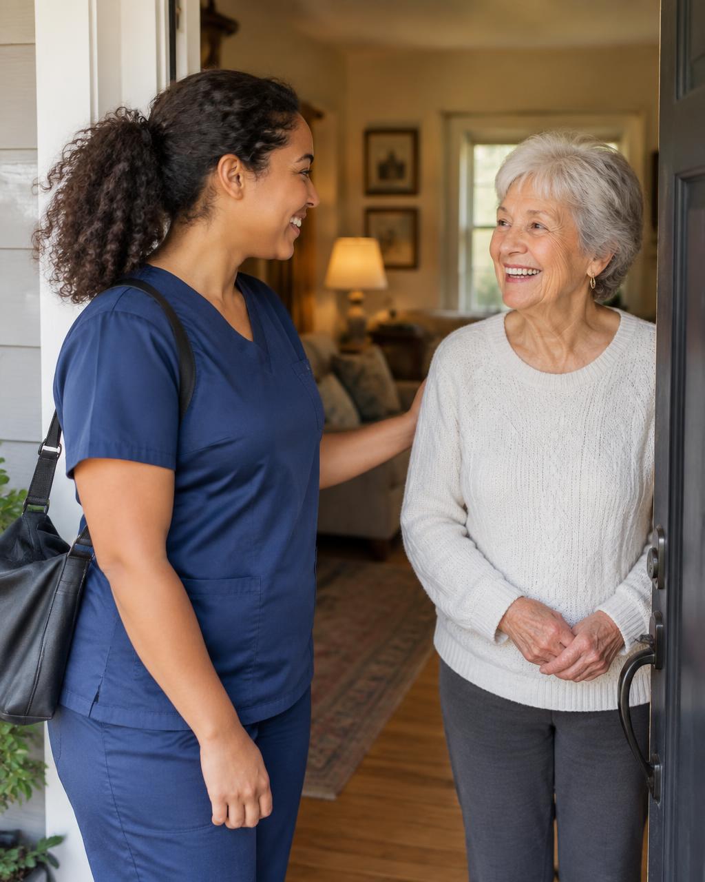 A Modern Hero care aide in navy scrubs warmly greeting a smiling senior woman at the front door of her home