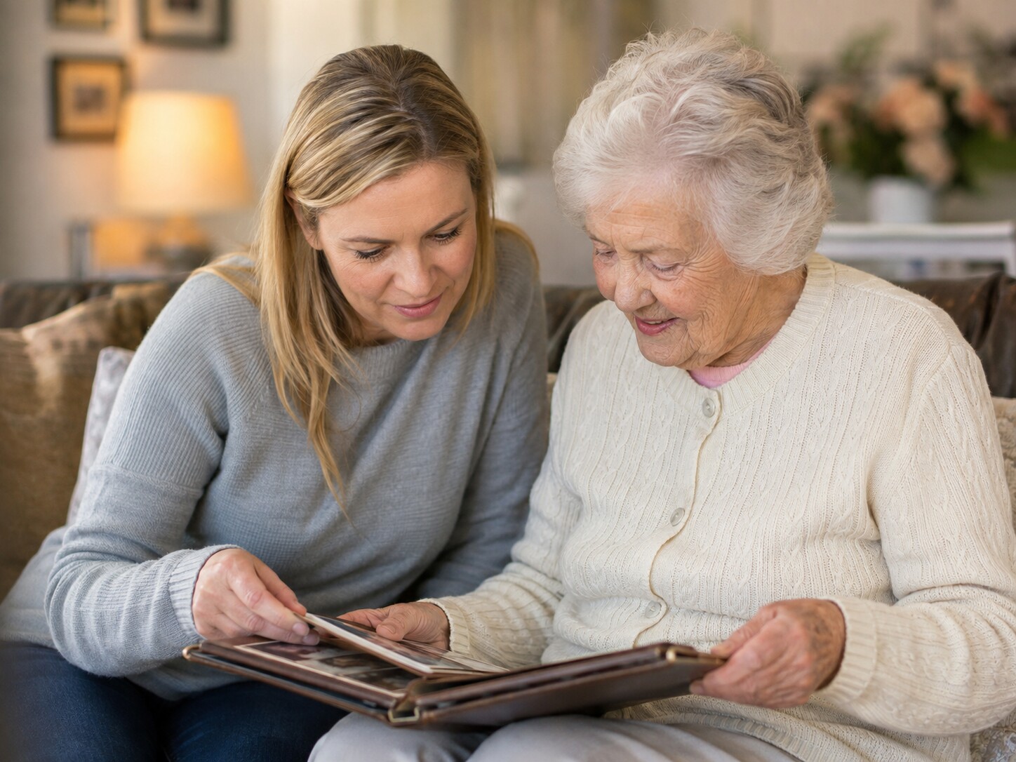 A caregiver and a senior looking through a photo album together on a sofa