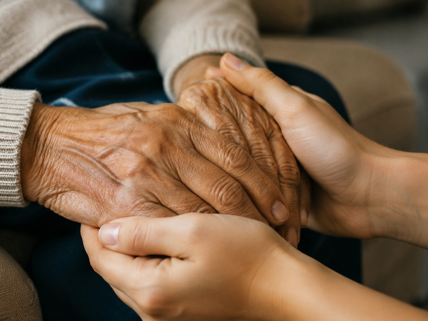 A caregiver's hands gently holding a senior's hands in a moment of trust