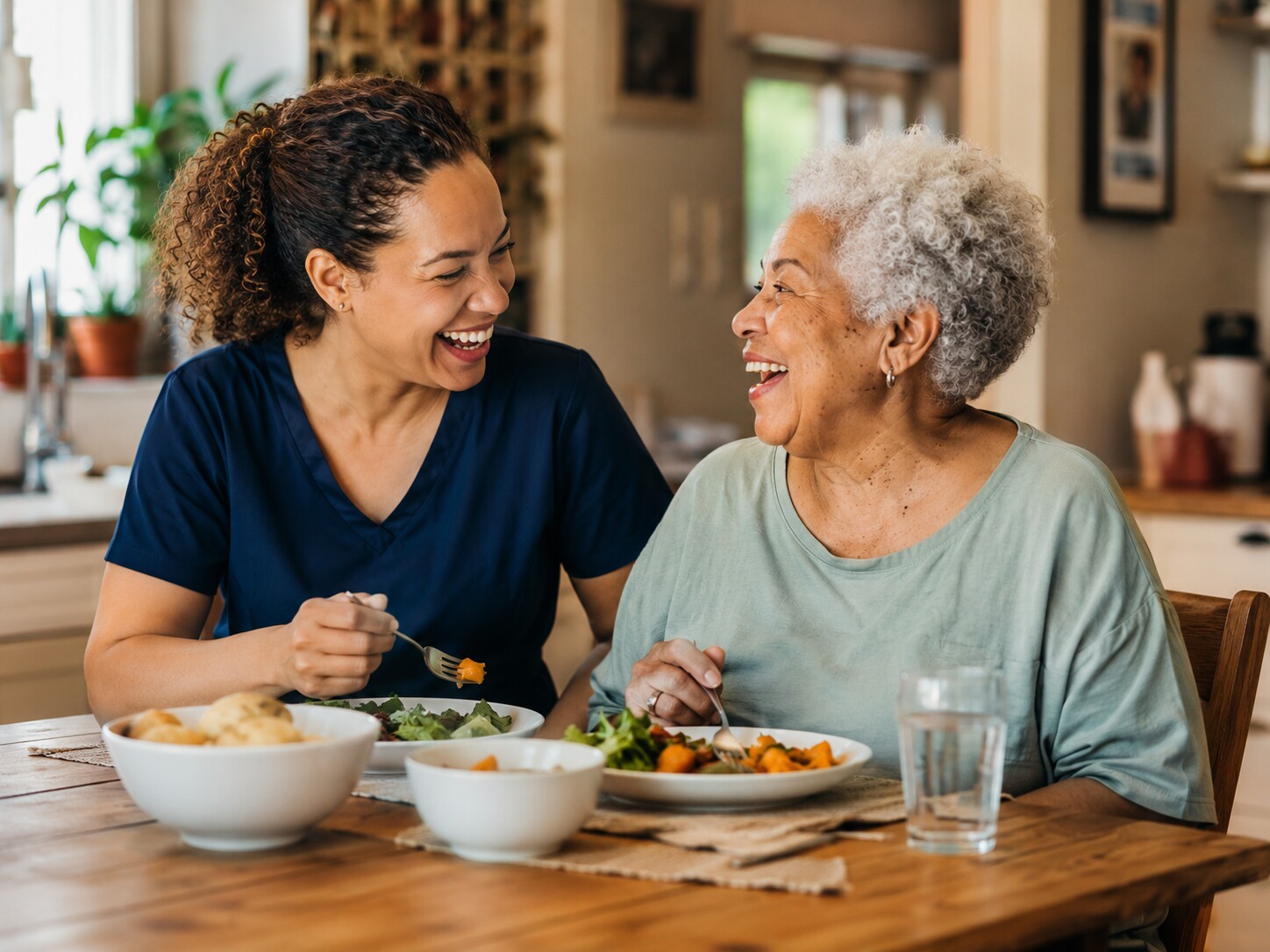 A caregiver and a senior laughing together over a meal at a kitchen table