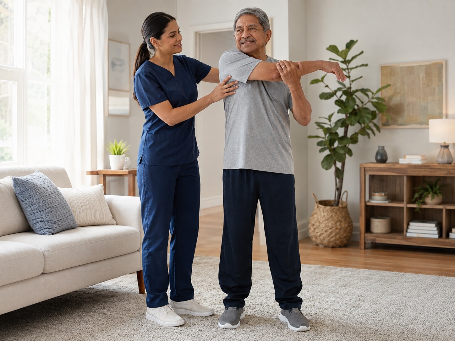 A caregiver steadying a senior during a light standing stretch indoors