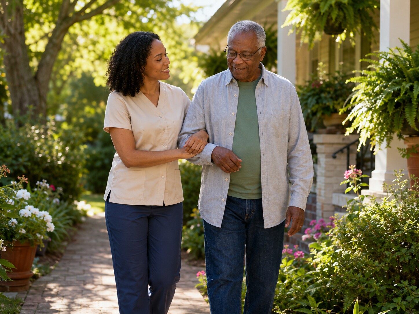 A caregiver walking arm-in-arm with a senior along a sunny garden path