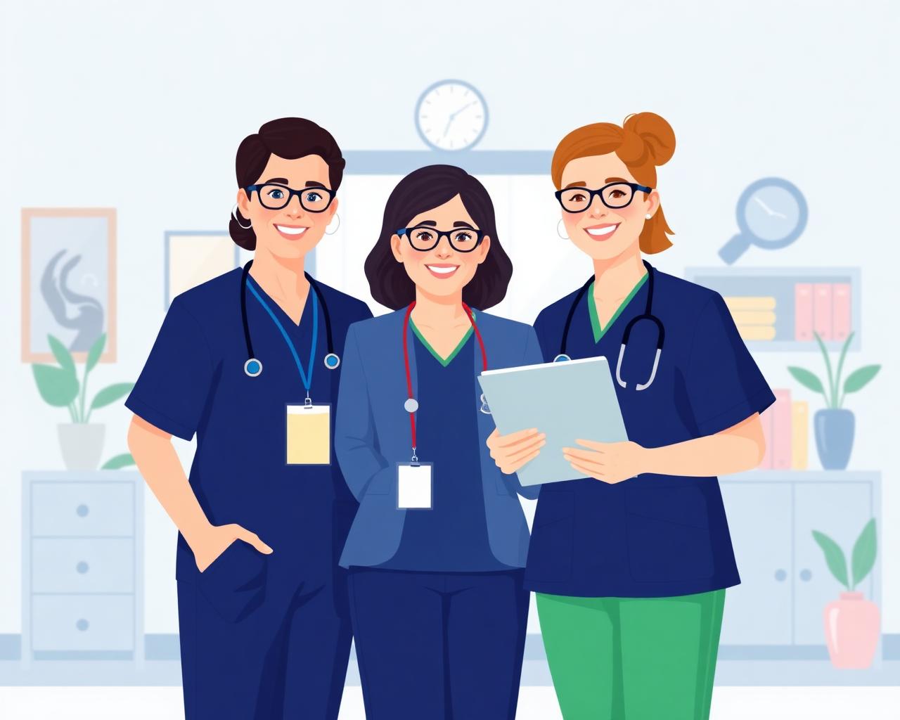 Illustration of the Modern Hero caregiving team standing together in a care office