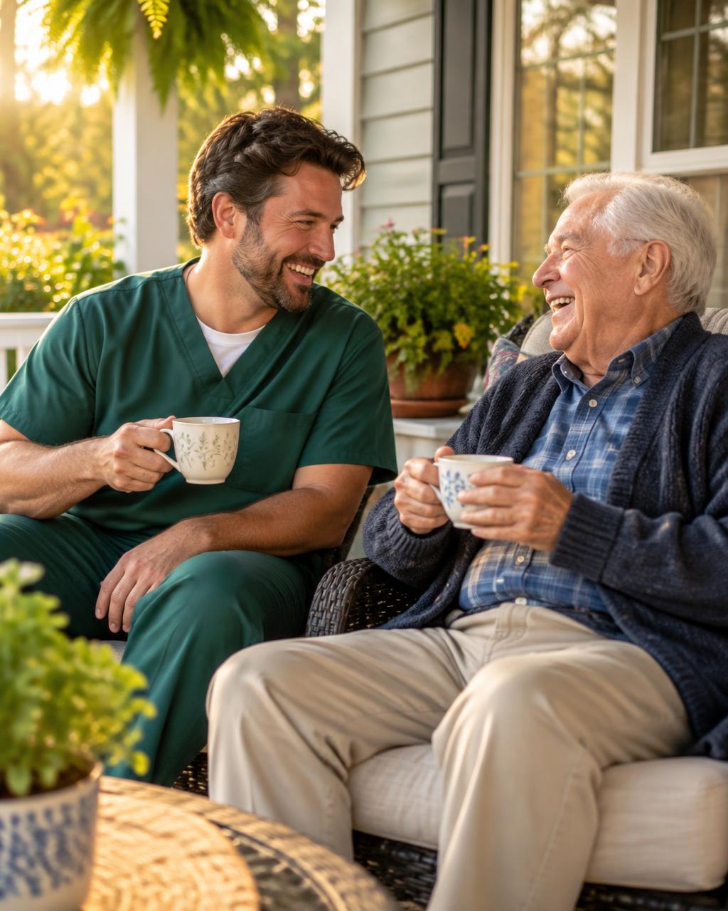 A Modern Hero care aide in green scrubs and a senior man laughing together over cups of tea on a sunny porch