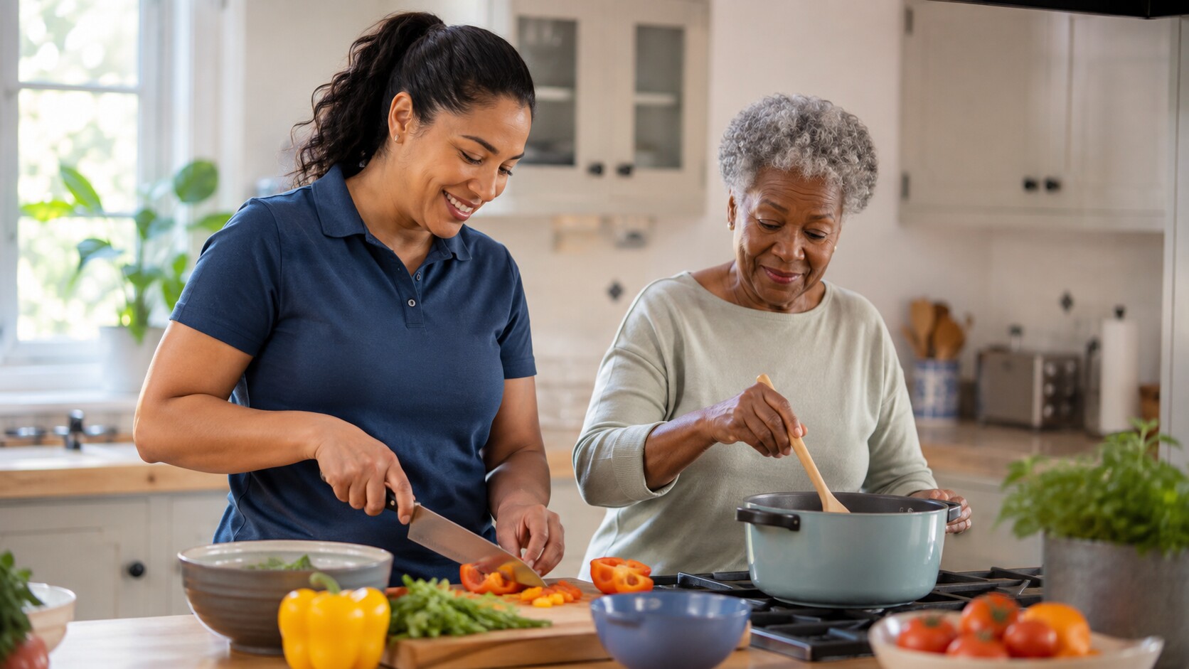 A caregiver and a senior preparing a meal together in a bright home kitchen